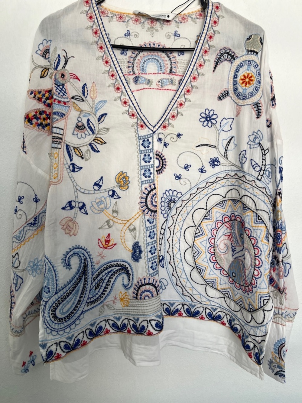 Zara Cream and Blue Graphic Embellished Blouse
